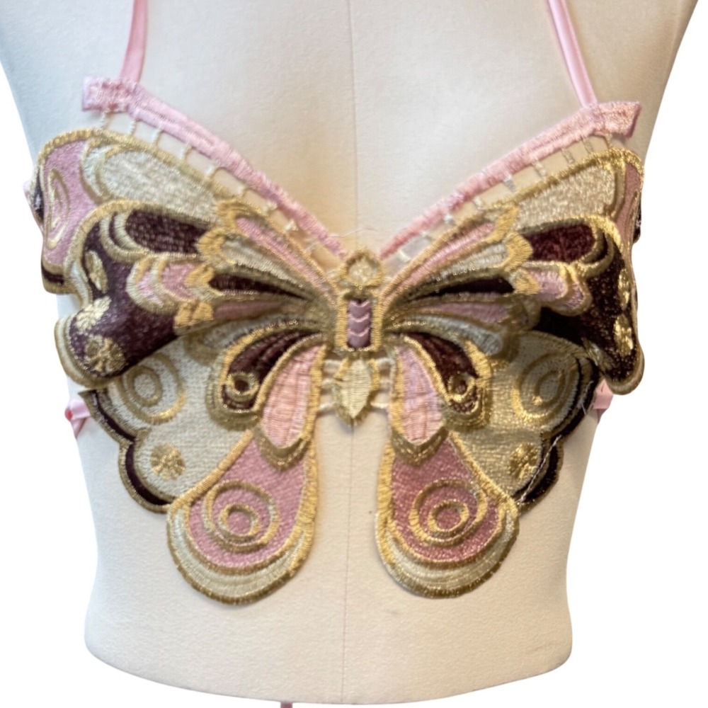 Pink Gold Embroidered Butterfly Halter Crop Top Lace Festival S Y2K Coachella